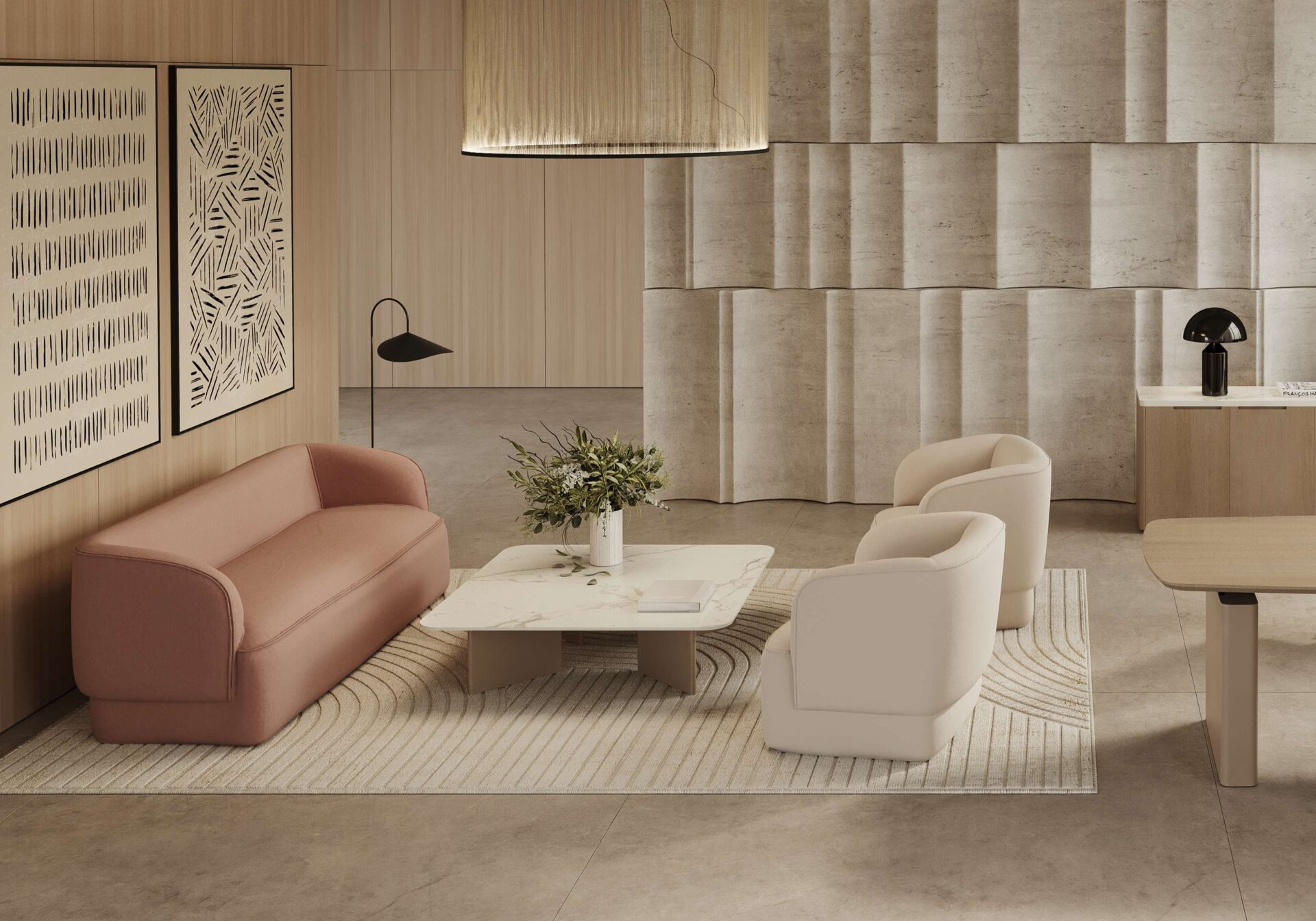 BRUNO - caramel sofa & 2 white armchairs 2026